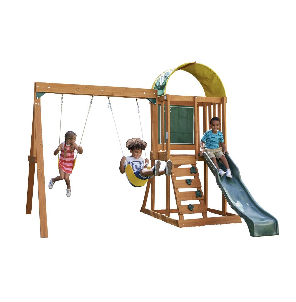 KidKraft Ainsley Wooden Outdoor Swing Set with Slide, Chalk Wall, Canopy and Rock Wall