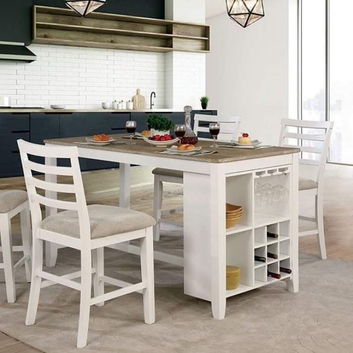 COTTAGE STYLE WHITE / BROWN 5 PIECE COUNTER HEIGHT BREAKFAST STORAGE DINING TABLE SET