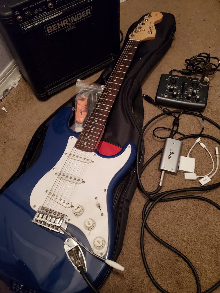 Fender Squier stratocastar electric guitar w/ iRig UA, M-track usb interface + more (trade for bass or ukulele)