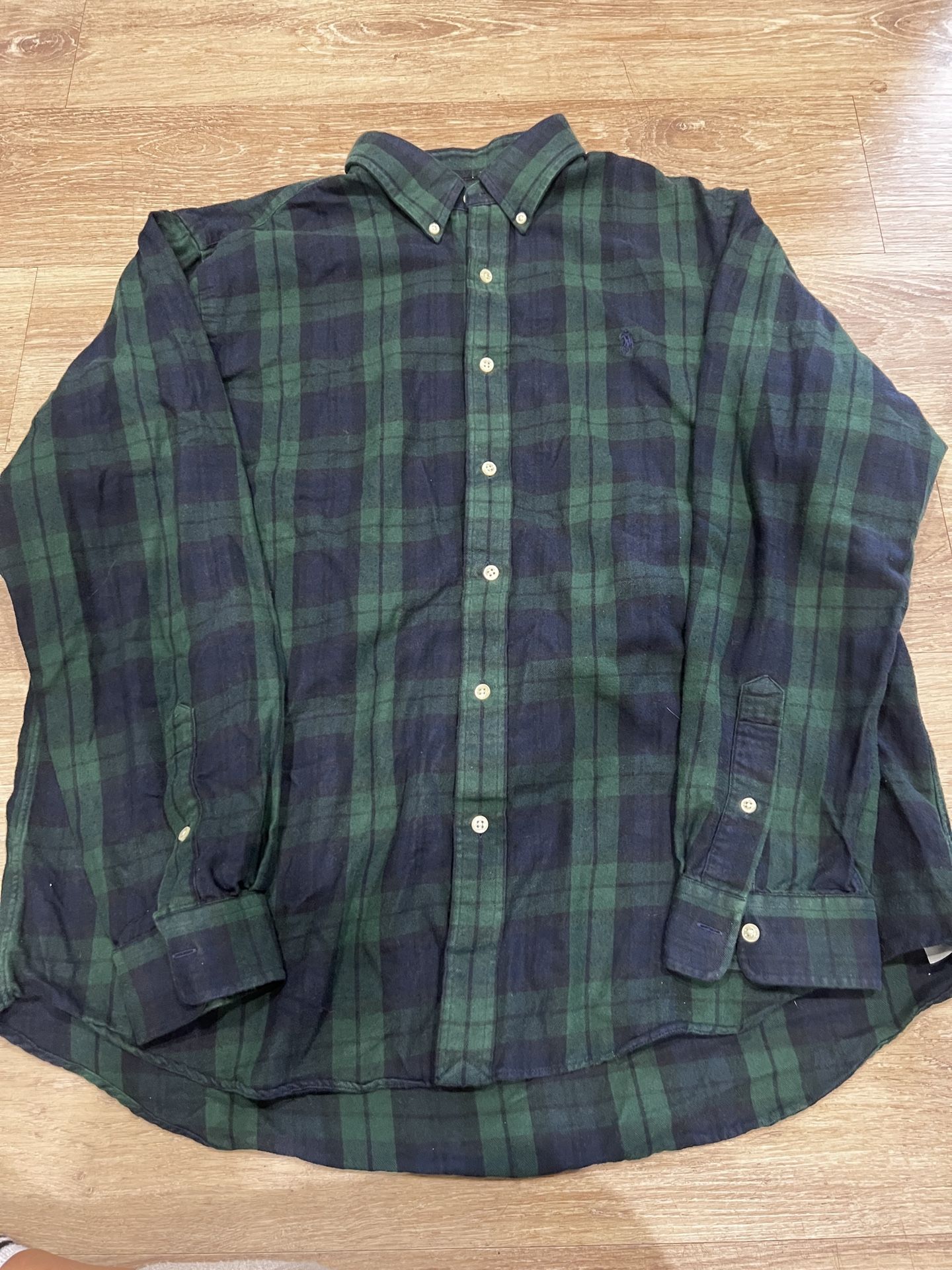 Ralph Lauren Men's Long Sleeve Button-Up Plaid Green And Blue Flannel