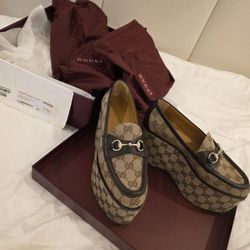 Gucci GG Horsebit Platform Wedges Loafers Size 37