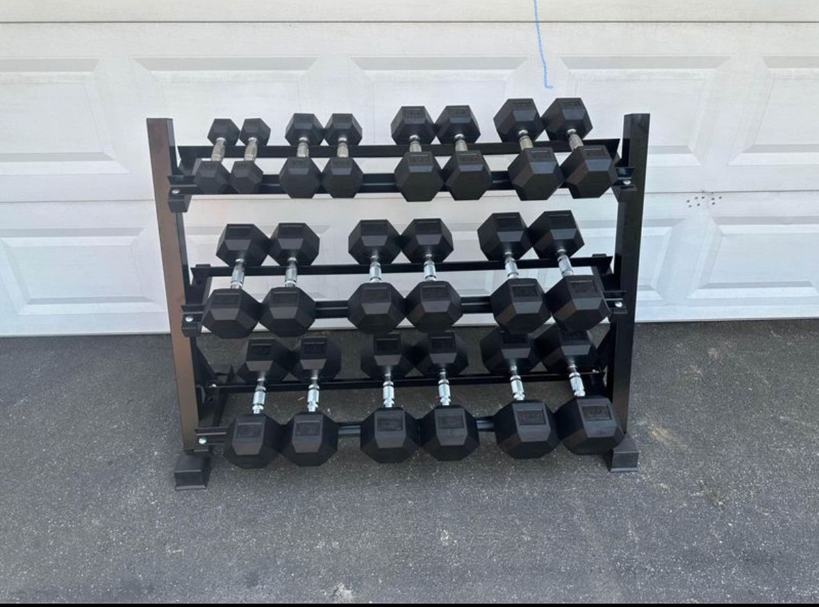 New 5-50 Rubber Hex Dumbbell Set With 3 Tier Rack