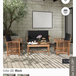 Costway 4PCS Patio Solid Wood Furniture Set Conversation Coffee Table - 4-Piece Sets - Black