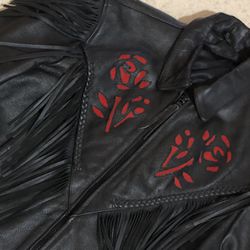 Red Rose Vintage Style Black Leather Motorcycle Jacket Xl