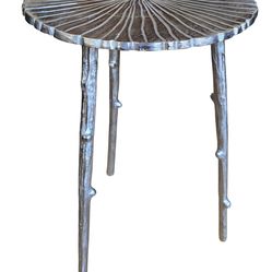 Brand new round, silver brushed metal martini-style side table