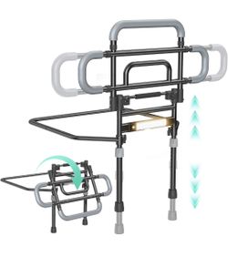 Bed Rails for Elderly Adults Safety, 180° Foldable Bed Rail with Adjustable Height & Width, 350lb Load, Extra- High Design, Wide Base, LED Light & Sto