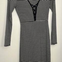 Adara blue and white horizontal striped tight fitting above the knee dress