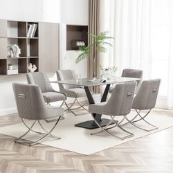 Contempoary Velvet Dining Chair Set of 4/6 with Metal Frame Legs and Back Pull，Grey 