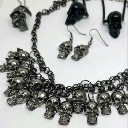 Human Skull Chain Necklace With Earring & Barbed Wire Lot Halloween Goth Death