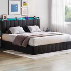 Full Size Lift Up Storage Bed with LED Lights, Upholstered Velvet Bed Frame with Storage Headboard & Charging Station, Metal Platform Bed, No Box Spri