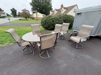 60” Round Patio Table & 6 Swivel Chairs - Fair Condition