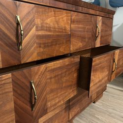 Vintage 1940s Walnut Dresser + Mirror – Art Deco Waterfall Style