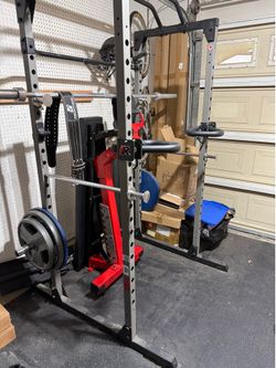 Squat rack, bench, weights and belts