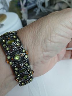 Vintage Style Green and Amber Rhinestone Panel Bracelet