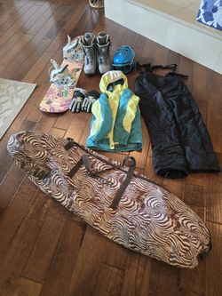 Complete Snowboard Set (Burton Bag, 120cm K2 Snowboard With Flow Bindings, Gloves, Helmet, Goggles, Jacket, Bibs)