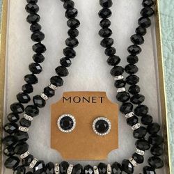 MONET BLACK BEADED NECKLACE W/ BUTTON MATCHING EARINGS