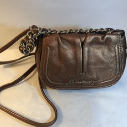 B Makowski Metallic Bronze Leather Chunky Chain Shoulder Hand Bag Purse