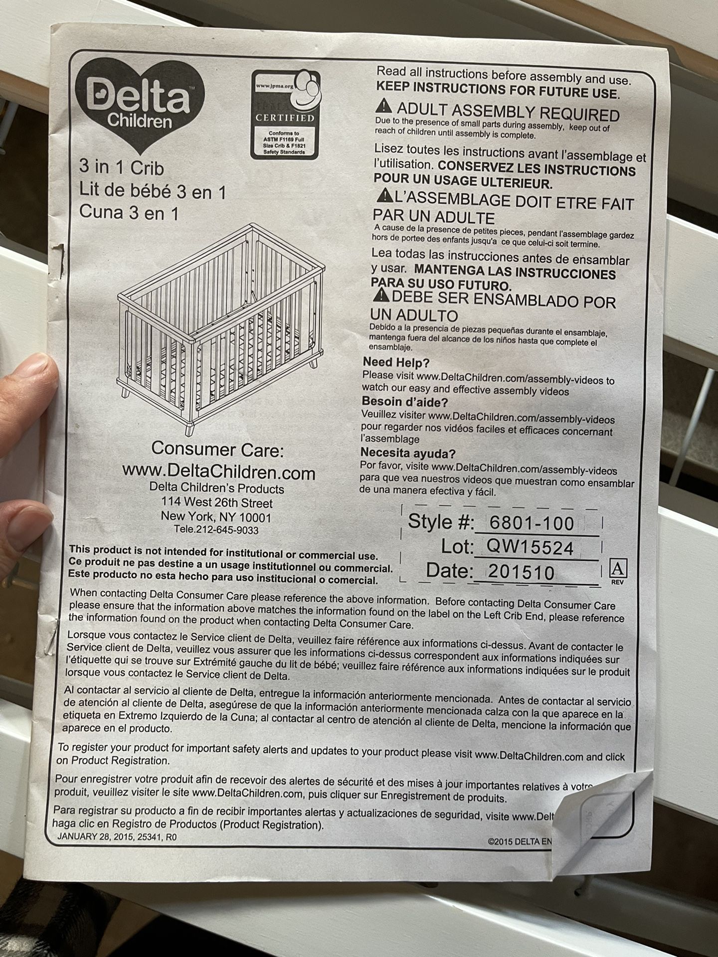 Delta 3-in-1 Crib (disassembled, all parts included)