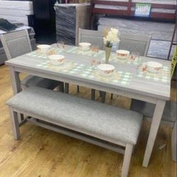 ✅️✅️6 pc  ligght grey finish wood dining table set padded seat chairs and bench✅️