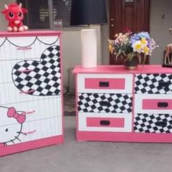 Hello Cute Kitty 6 Drawer Dresser With 5 Drawer Upright Dresser - Hand Painted Design 