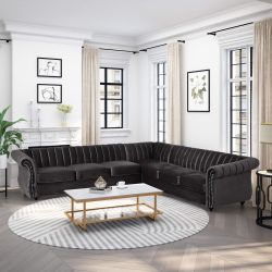 L-Shaped Velvet Corner Sofa,Heavy Duty Solid Wood Frame and Sturdy Wood Legs, 7-Seater Corner Sofas with Rolled Arms for Living Room, Bedroom, Apartme