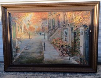 Large Framed Wall Art Print - Vintage Bike & Village Street by Ruane Manning
