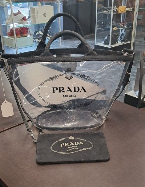 PRADA Plex Canapa 2Way Tote Shoulder Bag Clear x Black Vinyl Canvas (H)