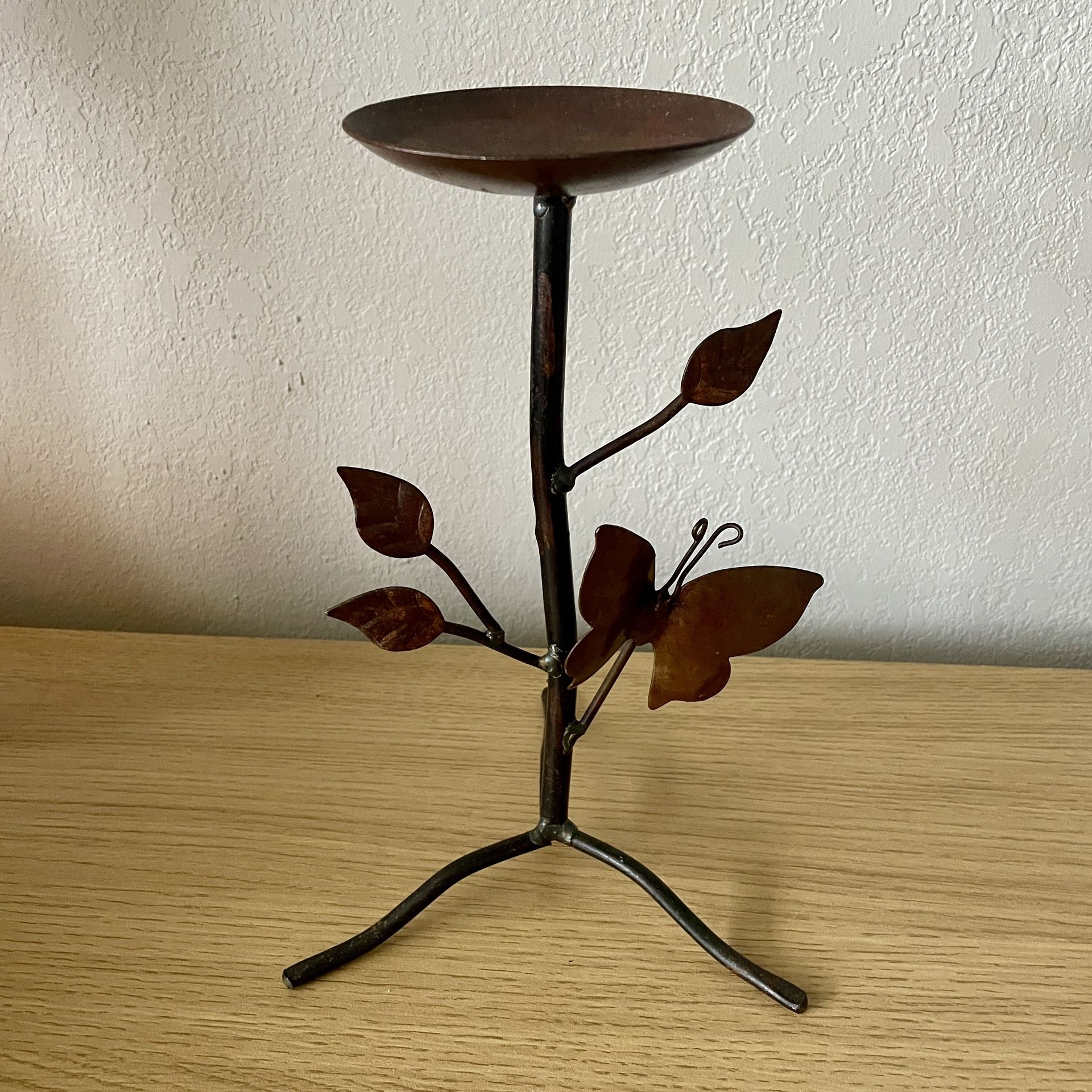 Metal Pillar Candle Holder with Butterfly And Leaves 6.5x10in. Up To 3in Candle