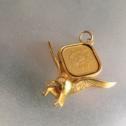 Gold Plated Pewter Encased Square Bahamas Fifteen Cent Coin Pendant With Eagle