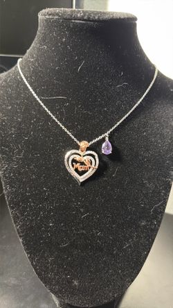 Brand New Sterling Silver MOM Heart & Rose Necklace - Purple Stone - S925