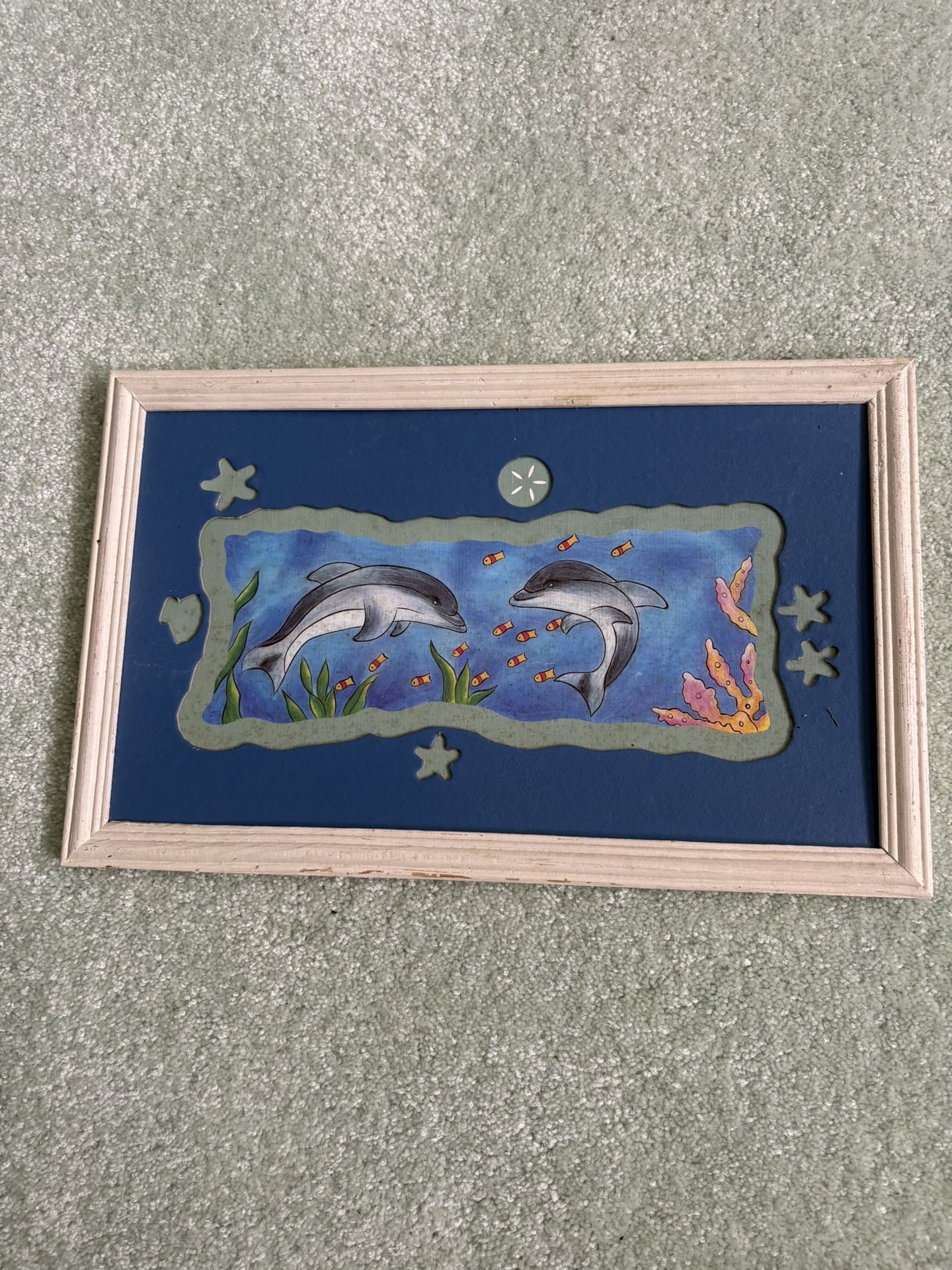 Framed Piece Of Wall Art Depicting, Two Dolphins, Swimming Among Small Fish And Coral