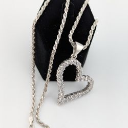 HEART Shaped  Choker Necklace CZ Diamond Accents 925 Sterling Silver w 16" Rope Chain

