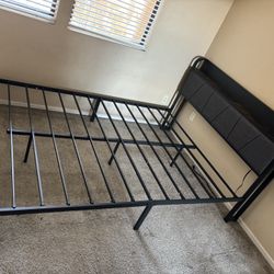 Black Metal Bed Frame w/ Cushioned Headboard – Sturdy & Stylish