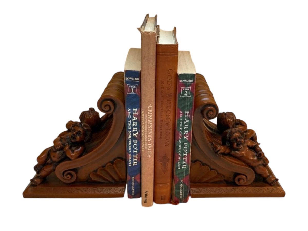 Pair of Scroll Ceramic Corbels Bookend cherubs