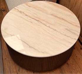 Modern Round Coffee Table – Honey Brown / White Marble | Like New