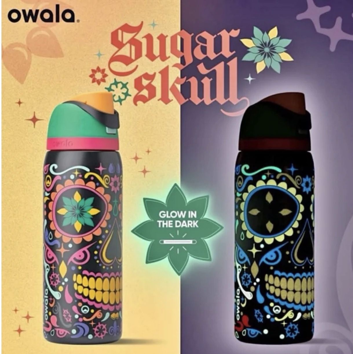 Owala 32 Oz Day Of The Dead / Sugar Skull Limited Edition Glow In The Dark