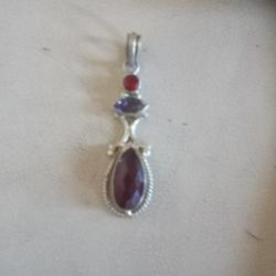 Red Garnet 925 Steeling Silver Pendant 2 Inches Long