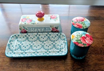 Pioneer Woman Butter Dish and. Salt and Pepper Shakers