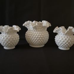 Vintage 3pc Set Fenton White Hobnail Milk Glass Ruffled Ball Vases 