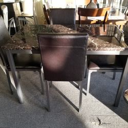 Brand New Brown Faux Marble Metal Dining Table (48×30×30H) + 4 Brown Chairs