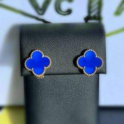 18k yellow gold Van Cleef style Alhambra Blue Agate stone clover clip back earrings