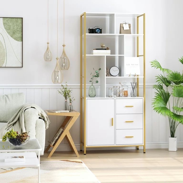 Homfa Bookshelf with Drawers, Gold Shelves with Doors, White Tall Bookcase for Home Office