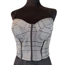 Haute Monde Bustier Top  Black White Plaid Pattern Cropped Strappy Retro 90’s   The Haute Monde Bustier Top in black and white plaid pattern is a styl
