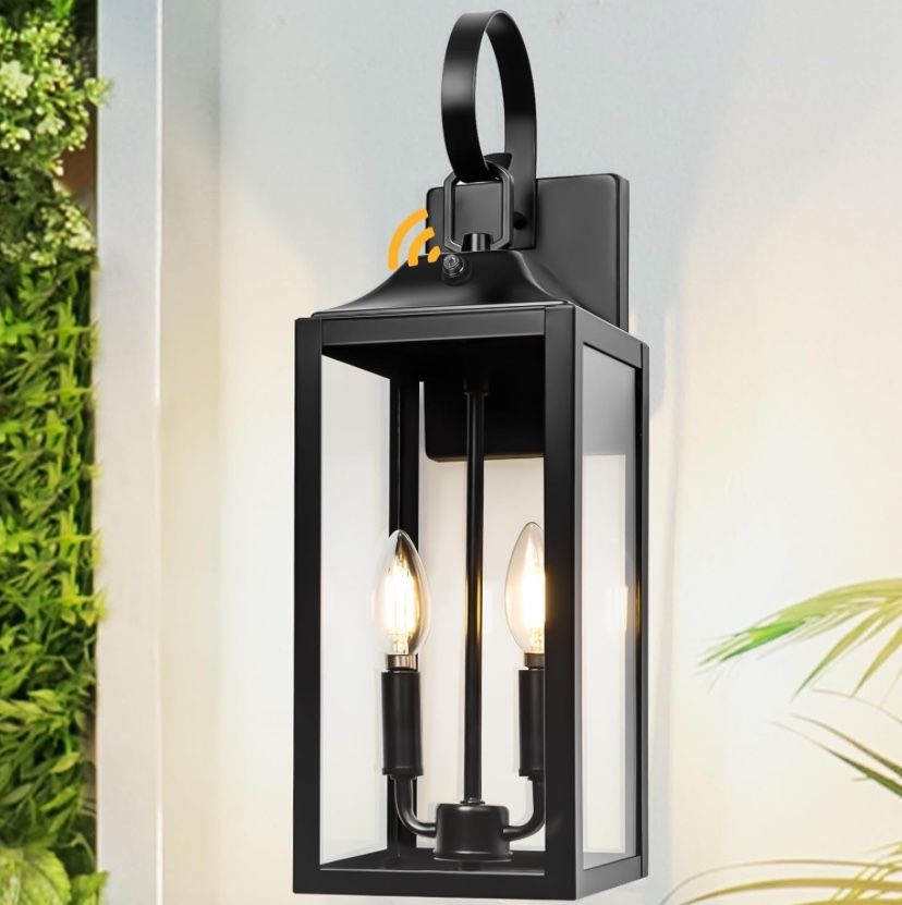 Black Dusk to Dawn Outdoor/Indoor Wall Lantern 2-Light, 19" Large Modern Sconce Light Fixture with Glass