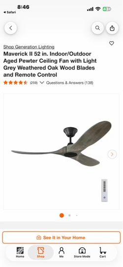 Shop Generation Lighting Maverick I| 52 in. Indoor/Outdoor Aged Pewter Ceiling Fan with Light Grey Weathered Oak Wood Blades and Remote Control
