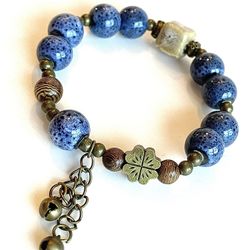 Blue Bronze Clover bracelet bells ivory cream accent ceramic beaded bells