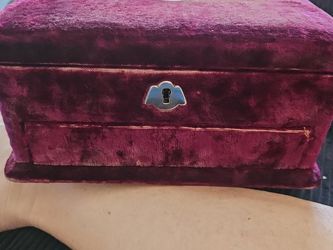 Antique Sewing Work Box Burgundy Velvet Mirror Hidden Compartment Key