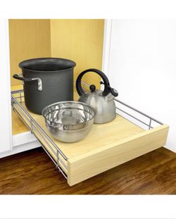 Slide Out Wood Cabinet Organizer - Pull Out Under Cabinet Sliding Shelf - 14 in. x 21 in. - Wood and Chrome