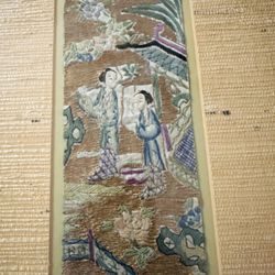 Antique Chinese Silk Hand Stitched Gold Embroidery Embroidered Scene