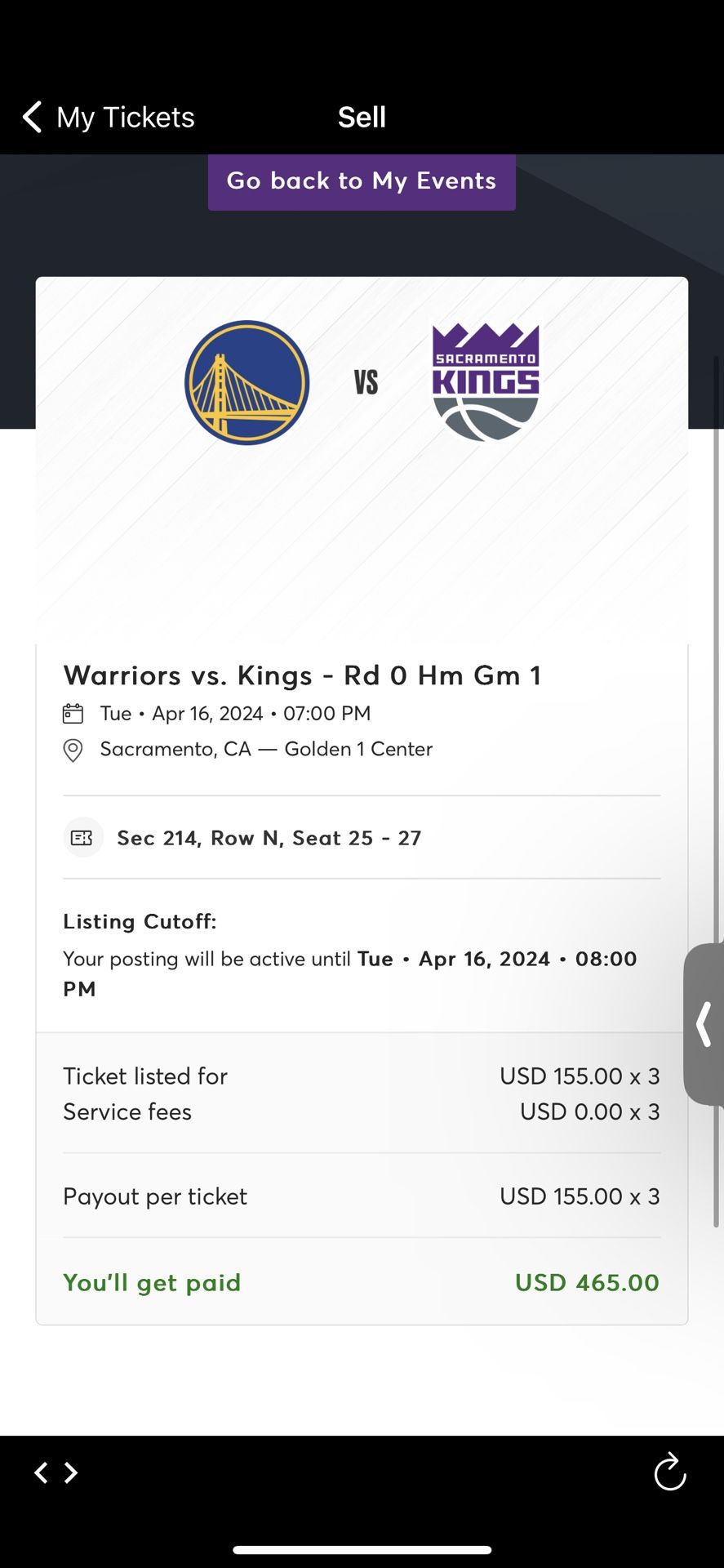 Kings vs Warriors (3 Seats)